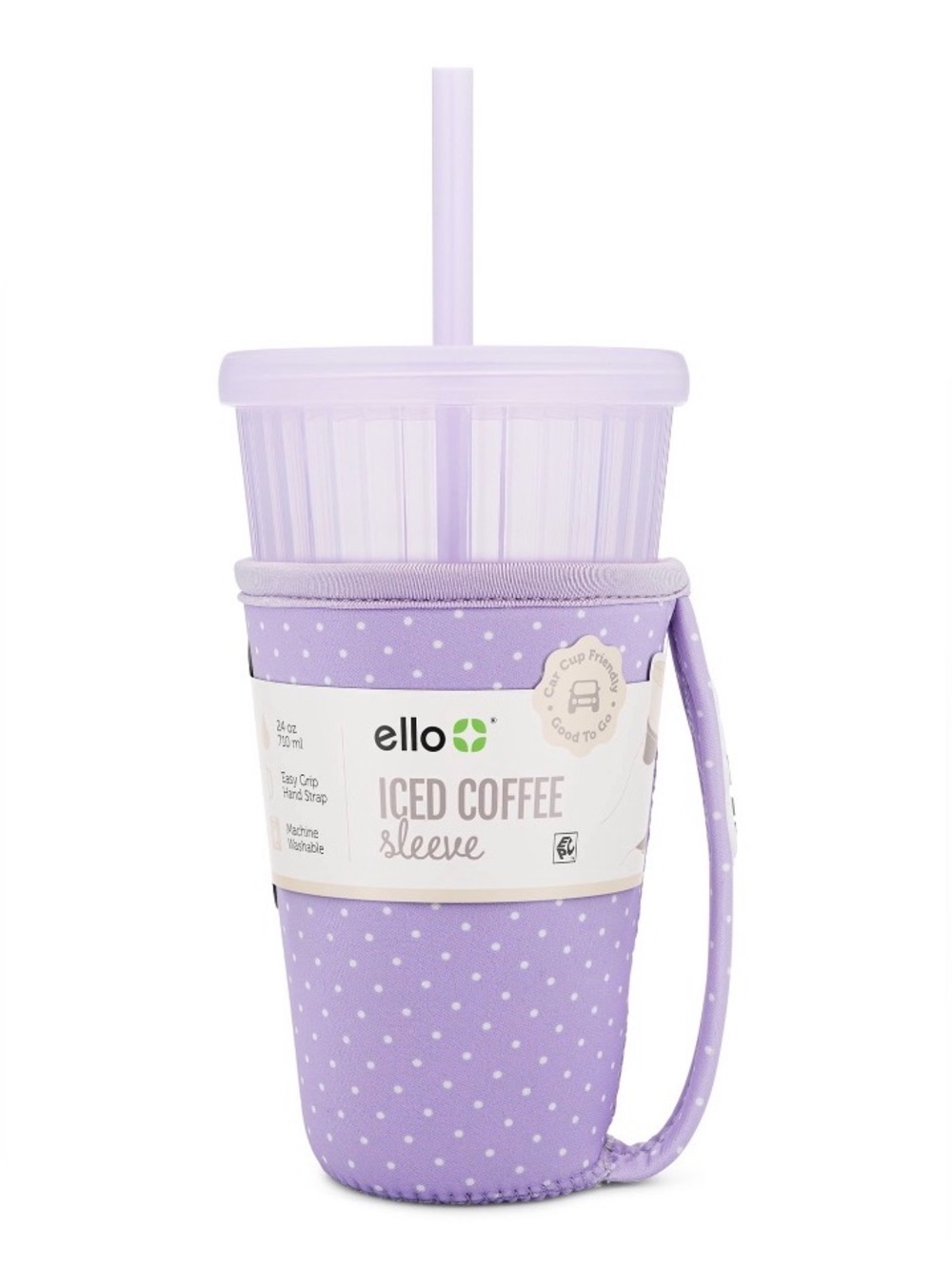 Ello Lilac Polka Dot Iced Coffee Sleeve with Handle and 24 oz Cup with Straw